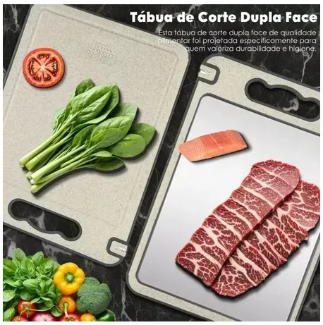 Tábua de corte dupla face: lado em PP para legumes e lado inox para carnes