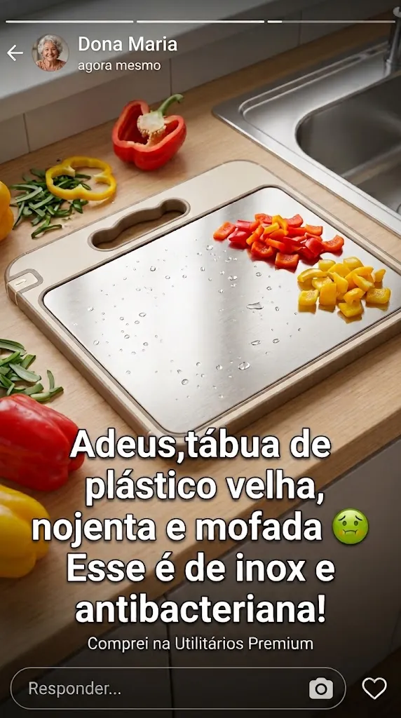 Story de cliente mostrando a tábua inox substituindo a tábua de plástico velha